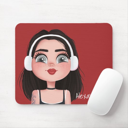 Cartoon Girl mit Kopfhörern auf Rot Mousepad (Mit Mouse)