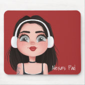 Cartoon Girl mit Kopfhörern auf Rot Mousepad (Vorne)