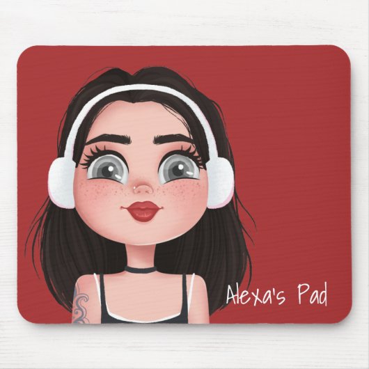 Cartoon Girl mit Kopfhörern auf Rot Mousepad (Vorne)