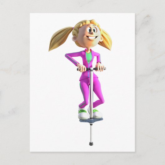Cartoon Girl on a Pogo Stick Postkarte (Vorderseite)