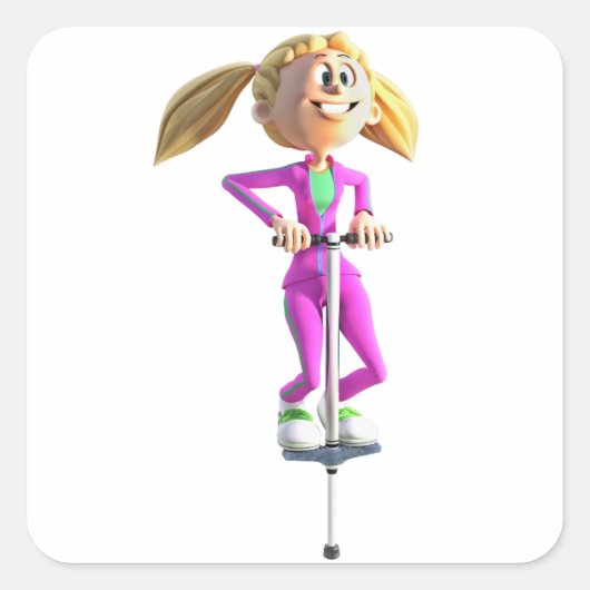 Cartoon Girl on a Pogo Stick Quadratischer Aufkleber (Vorderseite)