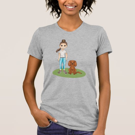Cartoon Girl & Ruby Cavalier Spaniel Cartoon Dog T-Shirt (Vorderseite)