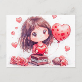 Cartoon Girl Surrounded by Roses Romantic Valentin Postkarte