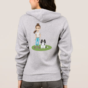 Cartoon Girl & Tricolor Cavalier Dog Illustration Hoodie