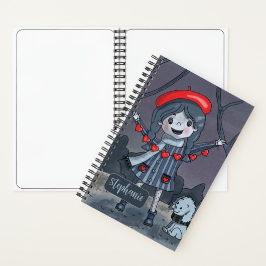 Cartoon Girl with Red Heart Garland Sketchbook Notizblock (Innen)
