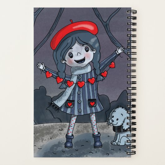 Cartoon Girl with Red Heart Garland Sketchbook Notizblock (Rückseite)