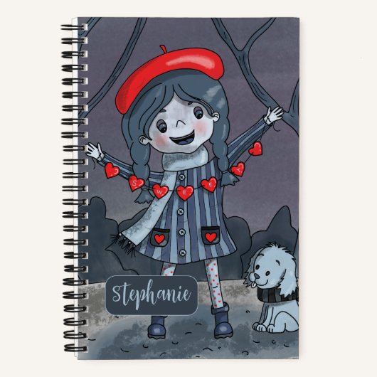Cartoon Girl with Red Heart Garland Sketchbook Notizblock (Vorderseite)