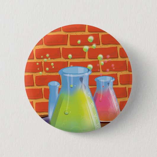 Cartoon Glass Science Ausrüstung auf einer Bank Button (Vorderseite)