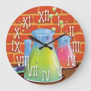 Cartoon Glass Science Ausrüstung auf einer Bank Große Wanduhr