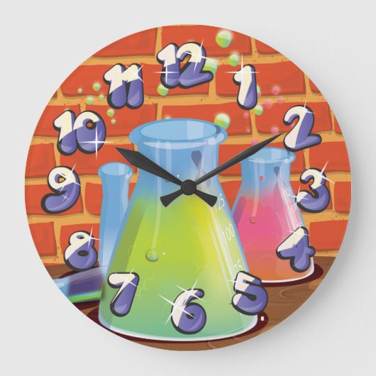 Cartoon Glass Science Ausrüstung auf einer Bank Große Wanduhr (Vorderseite)