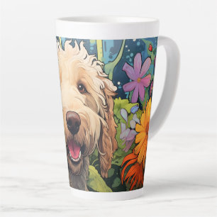 Cartoon Goldendoodle im Garten Latte Tasse