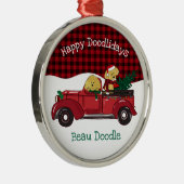 Cartoon Goldendoodles Roter Weihnachtsmann Ornament Aus Metall (Rechts)