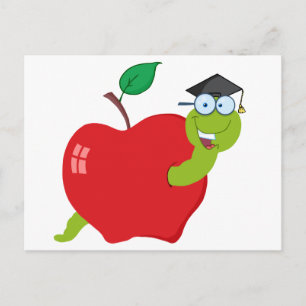 Cartoon Graduate Wurm in Apple Ankündigungspostkarte