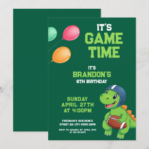 Cartoon Green Dinosaur Football Kindergeburtstag Einladung
