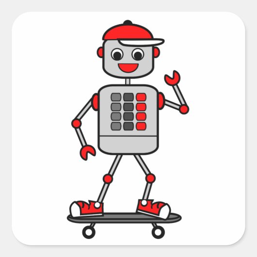 Cartoon Grey Robot Trading Red Cap auf Skateboard Quadratischer Aufkleber (Vorderseite)