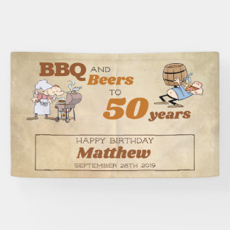 Cartoon GRILLEN und Bier 50. Geburtstag Rustikales Banner