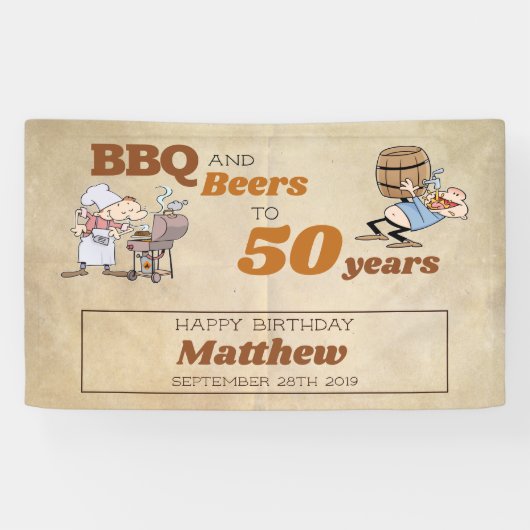 Cartoon GRILLEN und Bier 50. Geburtstag Rustikales Banner (Horizontal)