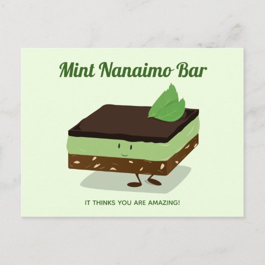 Cartoon Grüne Minze Nanaimo Bar lächelnd Nahrung Postkarte (Vorderseite)