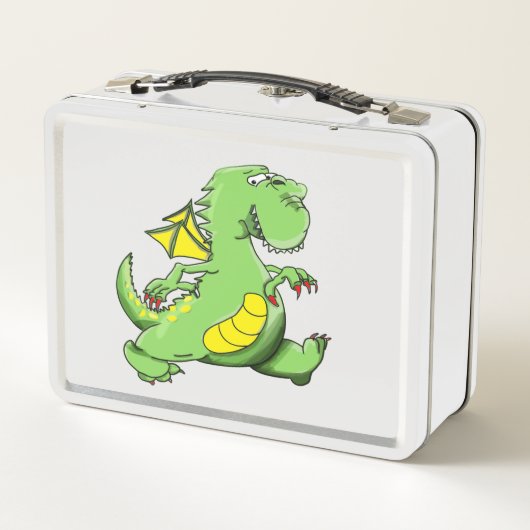 Cartoon Grüner Drache auf den Hinterfüßen Metall Lunch Box (Rückseite)