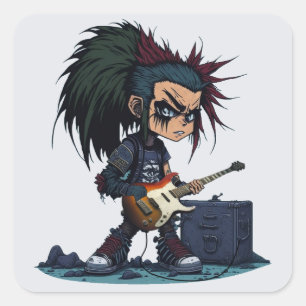 Cartoon Grunge Punk Rock And Roll Gitarrenverstärk Quadratischer Aufkleber