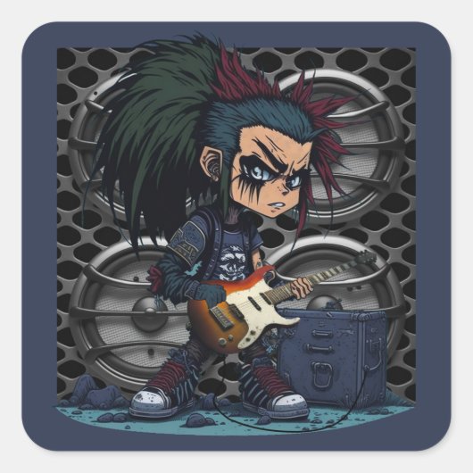 Cartoon Grunge Punk Rock & Roll Guitar Amp Lautspr Quadratischer Aufkleber (Vorderseite)