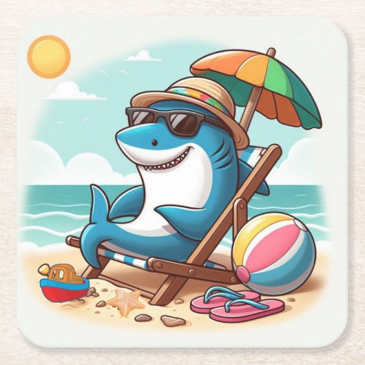 Cartoon Hai am Strand Rechteckiger Pappuntersetzer (Vorderseite)