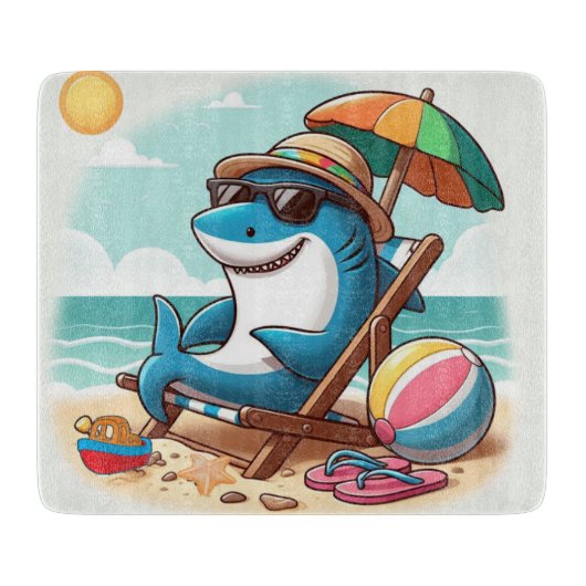 Cartoon Hai am Strand Schneidebrett (Vorderseite)