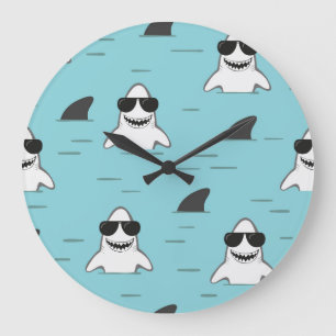 Cartoon Haie: Marine Vintage Muster. Große Wanduhr