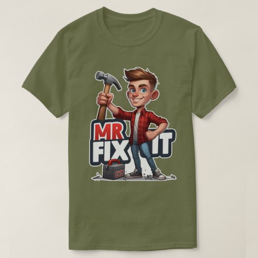 Cartoon Handyman Character Holding Hammer T-Shirt (Design vorne)