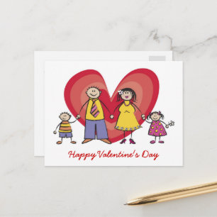 Cartoon Happy Family Big Red Heart Valentine's Day Feiertagspostkarte