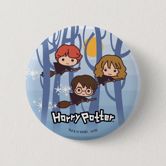 Cartoon Harry, Ron & Hermione, der in Holz fliegt Button (Vorderseite)