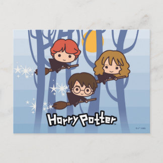 Cartoon Harry, Ron, & Hermione Flying In Woods Postkarte