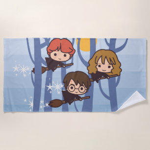 Cartoon Harry, Ron, & Hermione Flying In Woods Strandtuch