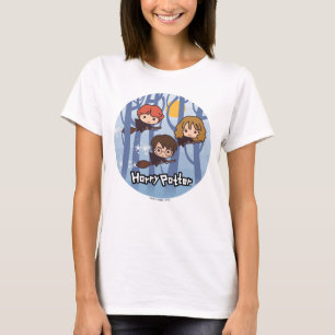 Cartoon Harry, Ron, & Hermione Flying In Woods T-Shirt