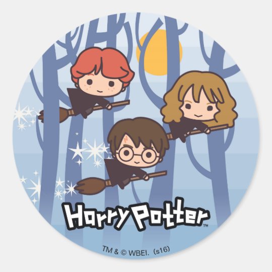 Cartoon Harry Ron U Hermione Fliegen Im Holz Runder Aufkleber Zazzle De