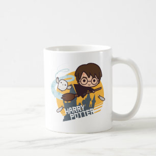 Cartoon-Harry und Hedwig fliegen an Hogwarts vorbe Kaffeetasse