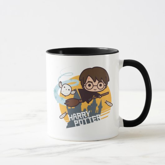 Cartoon Harry und Hedwig-Fliegen hinter Hogwarts Tasse (Rechts)
