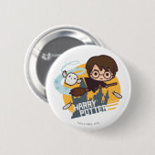 Cartoon Harry und Hedwig Flying Past Hogwarts Button (Vorne & Hinten)