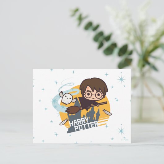 Cartoon Harry und Hedwig Flying Past Hogwarts Postkarte (Stehend Vorderseite)