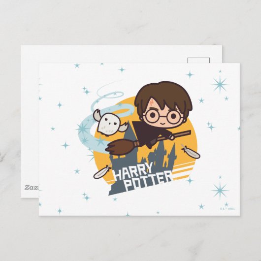 Cartoon Harry und Hedwig Flying Past Hogwarts Postkarte (Vorne/Hinten)