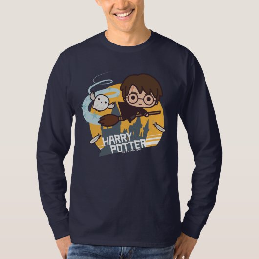 Cartoon Harry und Hedwig Flying Past Hogwarts T-Shirt (Vorderseite)