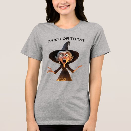 Cartoon Hexe "Trick or Treat" Tri-Blend Shirt (Vorderseite)