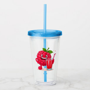 Cartoon Himbeerscharakter mit Smoothie Acryltrinkbecher