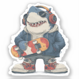 Cartoon-Hip-Hop-Hai Charakter mit Skateboard Aufkleber
