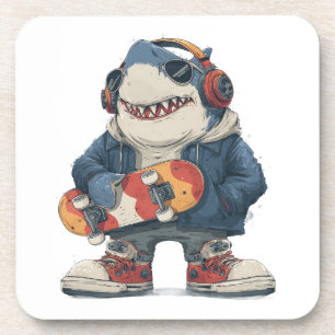 Cartoon-Hip-Hop-Hai Charakter mit Skateboard  Getränkeuntersetzer