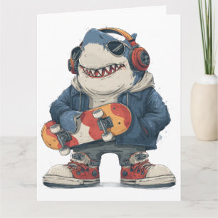 Cartoon-Hip-Hop-Hai Charakter mit Skateboard Karte