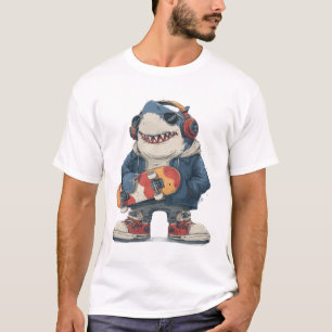 Cartoon-Hip-Hop-Hai Charakter mit Skateboard T-Shirt