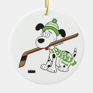 Cartoon Hockey Hund Green Scarf Weihnachtsdekor Keramik Ornament