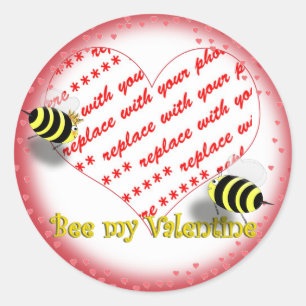 Cartoon Honey Bees "Bee My Valentine" Foto Frame Runder Aufkleber