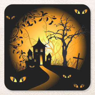 Cartoon House und Beängstigend Eyes Halloween Seri Rechteckiger Pappuntersetzer